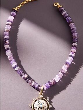 Mignonne Gavigan Purple Beaded Necklace with Gold Sun Pendant